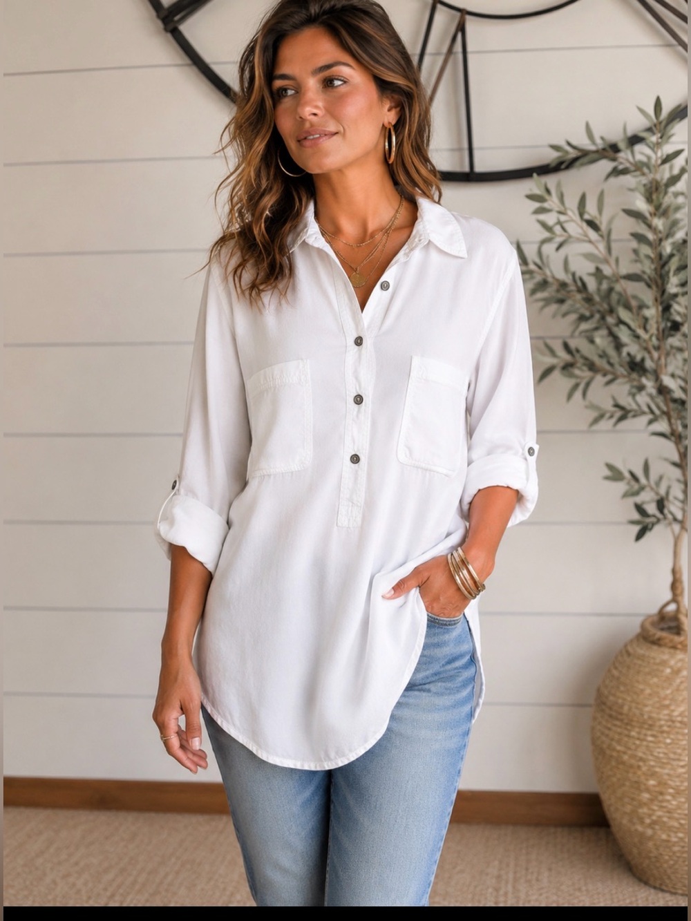 Lou & Grey White Button Pullover Shirt w Roll-Tab Sleeve, Pockets, Hi-Lo Hem